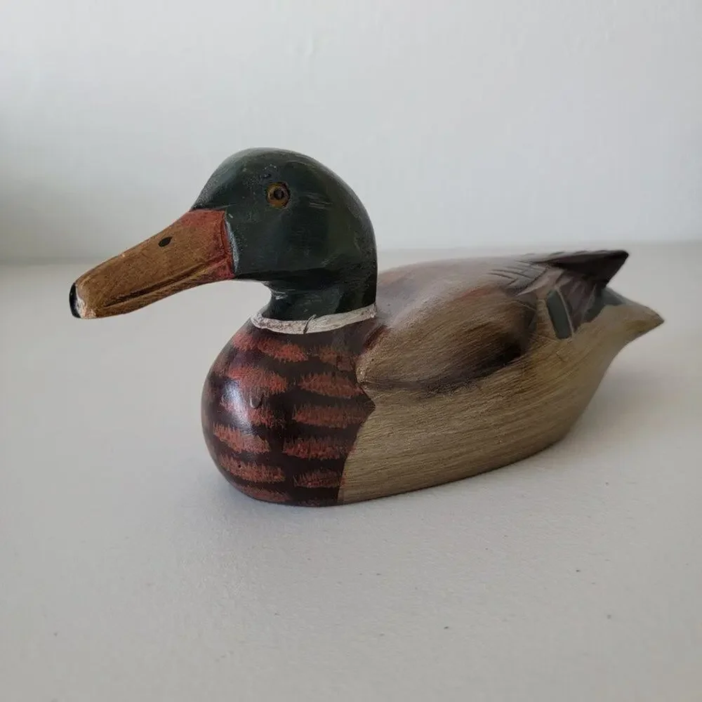 Vintage Hand Painted Wooden Duck Decoy Hand Carved Mallard Figurine Glass Eyes